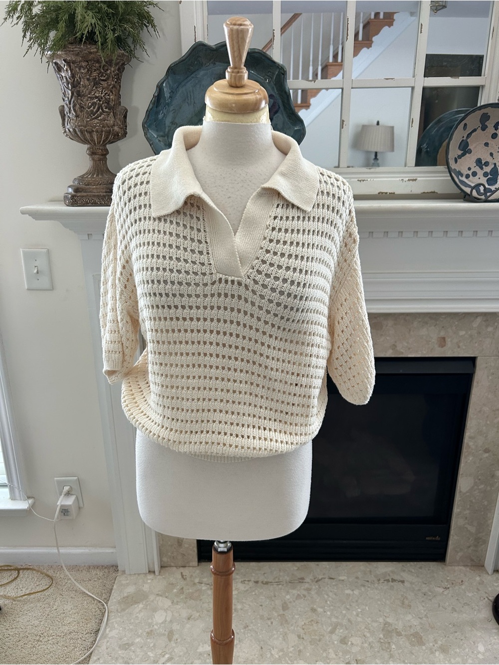 Miou Muse Cream Open-Knit Collared Women's Sweater